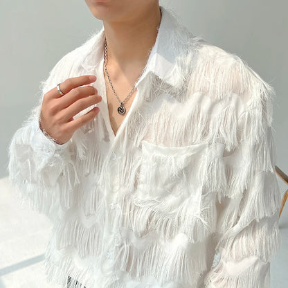 2025 Summer Men Black White Streetwear Hip Hop Shirt Men Tassels Party Night Club Men Shirts Male Long Sleeves Hollow Out Blouse - Kimlud