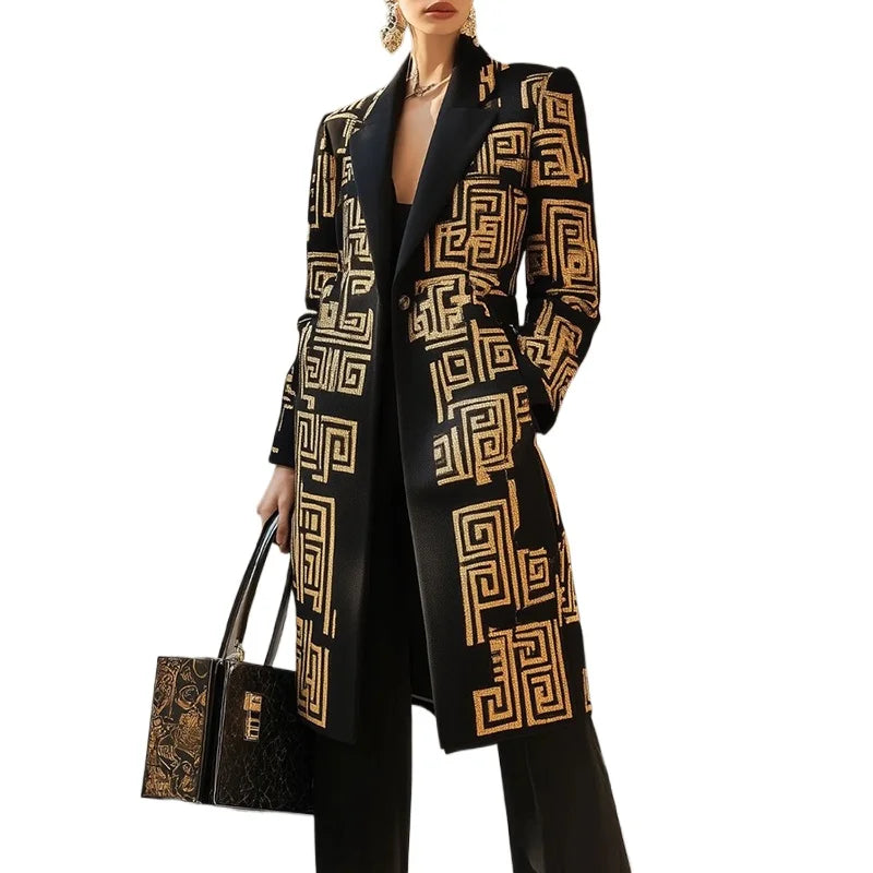 Modigirl 2026 New Spring Women's  Vintage Midi Length Coat Urban Trendy Golden Meander Print Long Jackets Pockets female