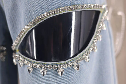Chic Women Hollowed Out Diamonds Beaded Holes Jeans Rhinestones Straight Denim Pants Crystals Cowboy Trousers Loose Pantalones - Kimlud