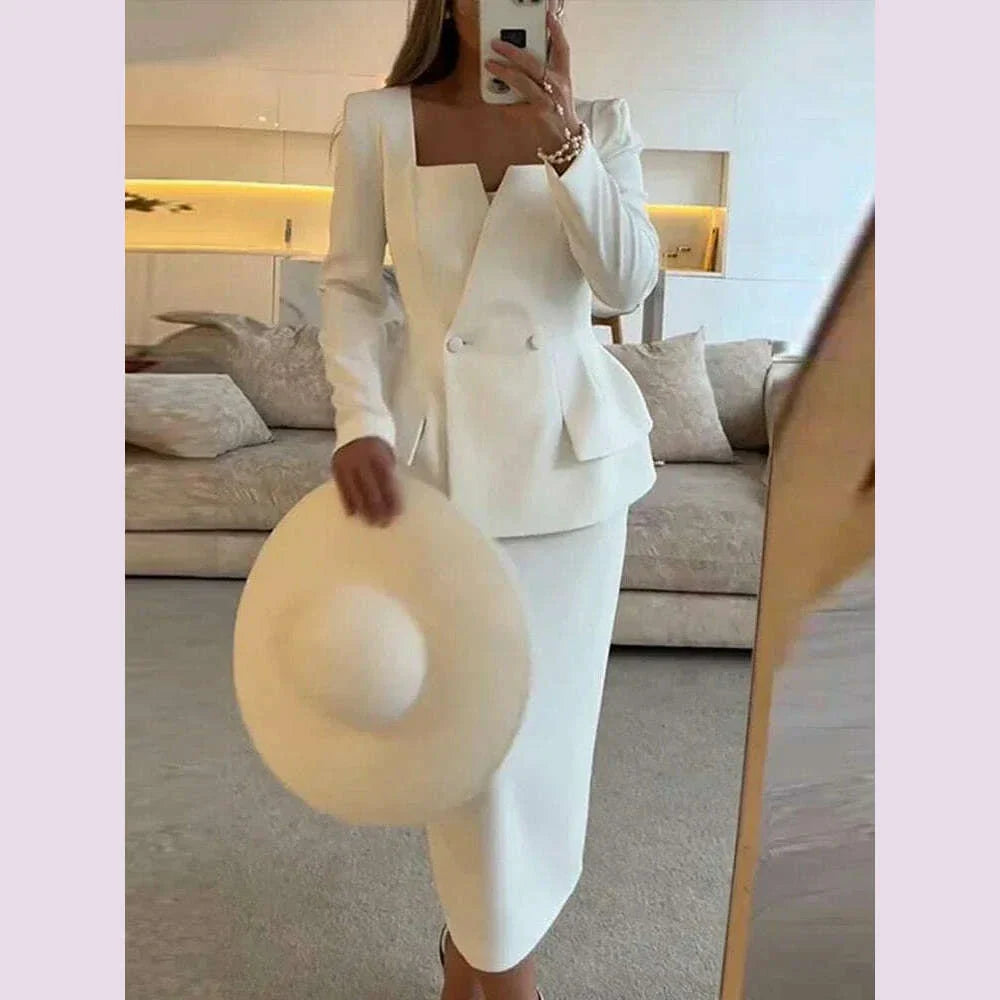 Elegant BlazerCoat Skirt Set Women Double Breasted Square Collar Slim Jacket And Midi Skirts Suits 2 Pieces Office Chic Outfits