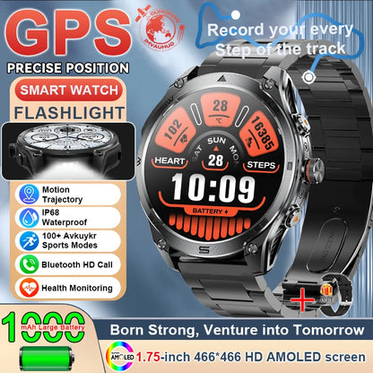 1.75''AMOLED Screen Smart Watch Men 10ATM Waterproof Compass GPS Smartwatch Bluetooth Call 1000mAh Large Battery Sports Bracelet