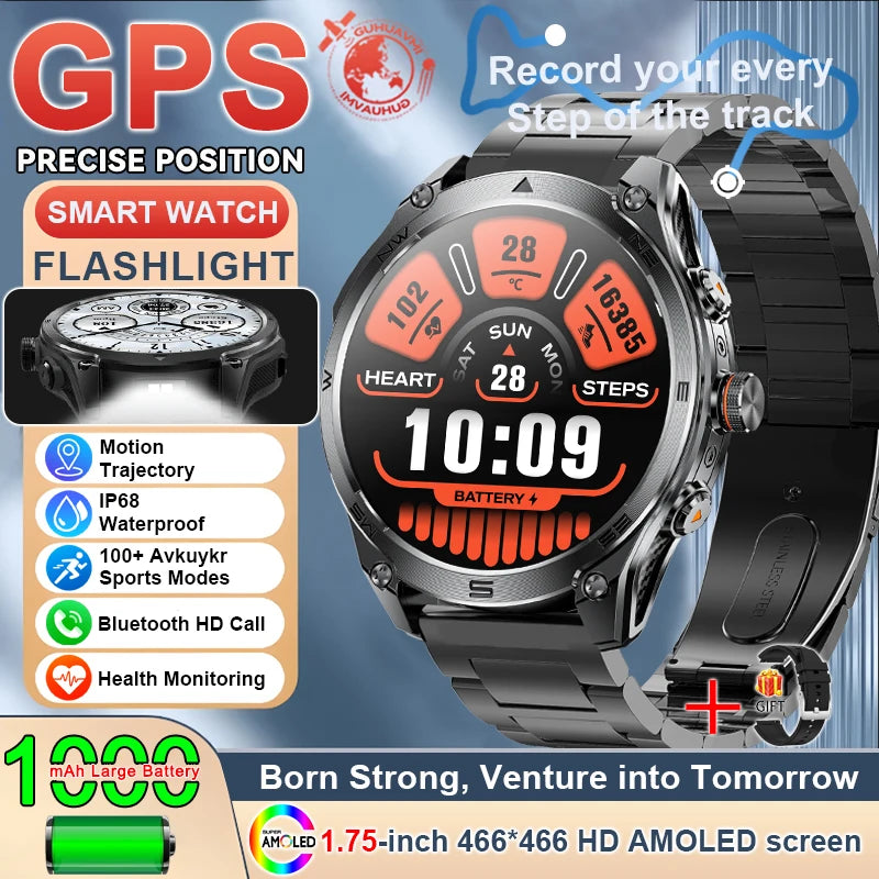1.75''AMOLED Screen Smart Watch Men 10ATM Waterproof Compass GPS Smartwatch Bluetooth Call 1000mAh Large Battery Sports Bracelet