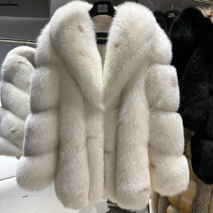 YOLOAgain Women's Luxury White Fox Fur Coat 2024 Winter Warm Real Fox Fur Jacket
