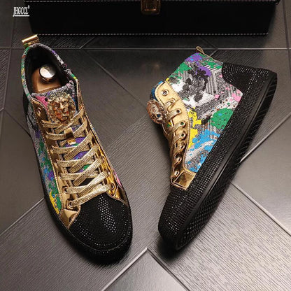 European fashion rhinestone sequin men's high top new network red shoes Korean version breathable high top board shoes - Kimlud