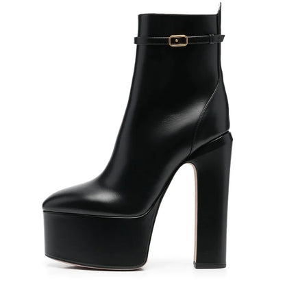 Aucegi Delicate Women Round Toe Platform Chunky High Heel Ankel Boots Fashion Genuine Leather Side Zipper Dress Handmade Shoes