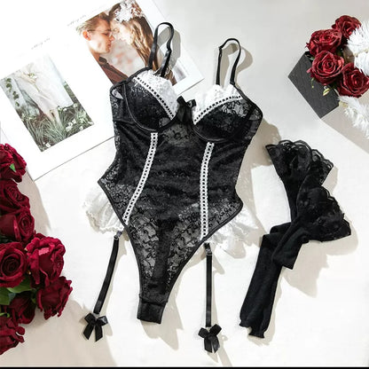 New Erotic Set See-Through Erotic Underwear For Women Lingeries Sexy Eyelash Lace Body Sexy Lingerie Set Sexy Bra And Garter Set