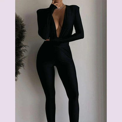 Sexy black satin bodycon jumpsuit women pants summer one pieces romper jumpsuit woman elegant long sleeve jumpsuits club outfits