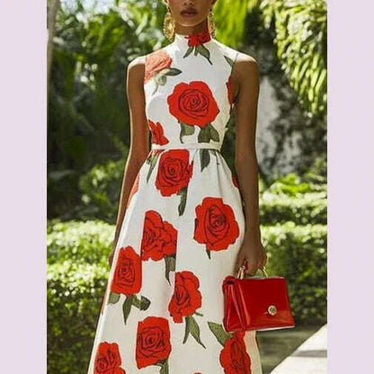 Modigirl 2025 New Woman Flower Print Midi Dresses Summer Skinny Stand Collar Elegant Vintage Romantic Evening Dress for Women