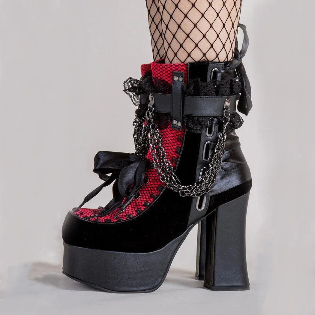 Gothic Style Chain Lace Up Bow Women Short Boots Retro Round Toe Square Heel Chunky Platform Ankle Boots Punk Ladies Party Shoes