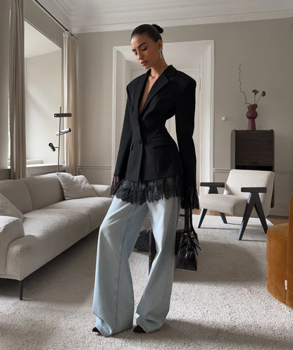 2025 Autumn and Winter New Fashion Black Small Suit Solid Jacket Design Sense Lace Splicing Commuting Long Sleeved Top Coat