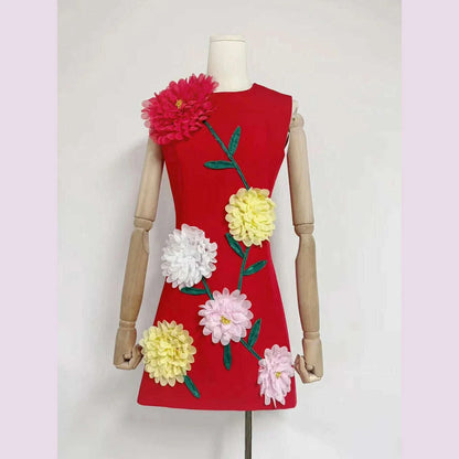 TWOTWINSTYLE hit color spliced appliques slimming dresses for women o neck sleeveless high waist temperament mini dress female