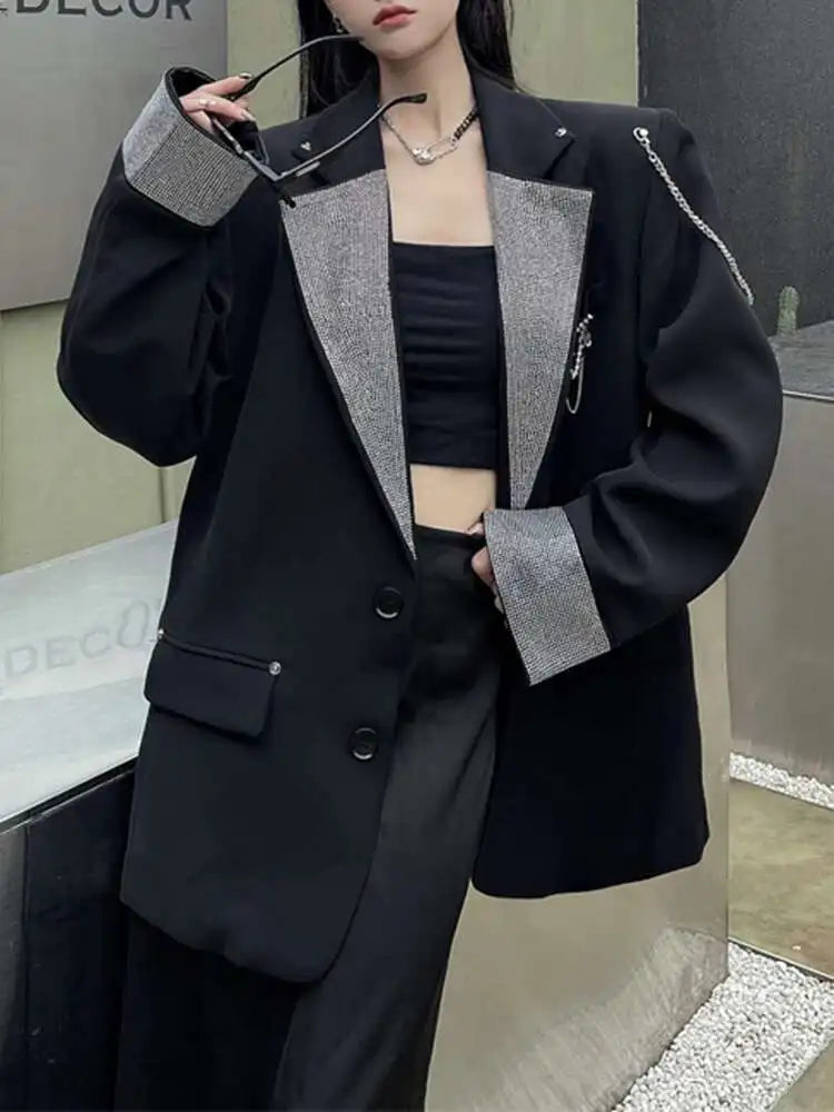 EAM Blazer rhinestone big size Metal Chain Women New Lapel Long Sleeve Loose Fit Jacket Fashion Tide Spring Autumn 2025 WQ20621