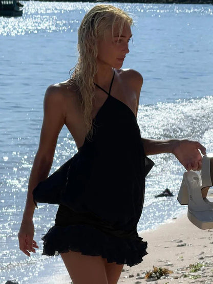 VC Edgy Black Halter Sleeveless Mini Dress Gown with Open Back for Trendy Parties