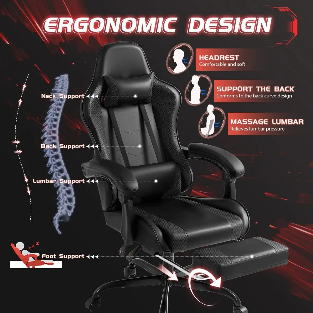 Ergonomic Massage Lumbar Support Gaming Chair with Footrest, 360° Swivel and Height Adjustable Seat for Comfortable Computing