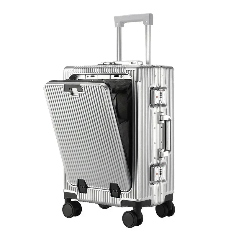 Front Opening Large Capacity Rolling Luggage Case Aluminum Frame Trolley Case USB Charging Boarding Suitcase With cup holders