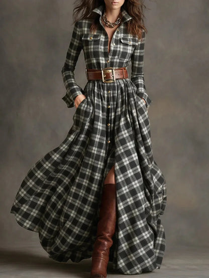 Plaid with Belt Retro Long Dress Lapel Button Irregular A Line Skirts Long Sleeve Casual Women's Dresses Autumn Elegant Clothes