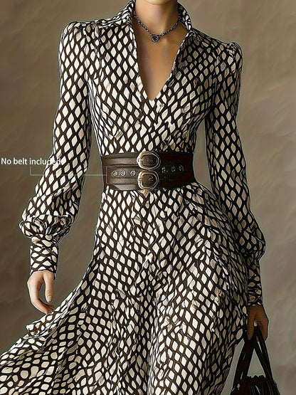 New V Neck Plaid Printed Chic Maxi Dress, Women Spring Autumn Long Sleeve Elegant Party Dress, 2026 Fashion Holiday Ladies Dress