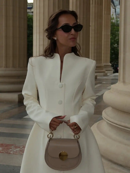 White Single Breasted A-line Mini Dress Women Elegant Solid Color Waist Pleated Short Dresses Daily Chic Evening Dinner Gowns