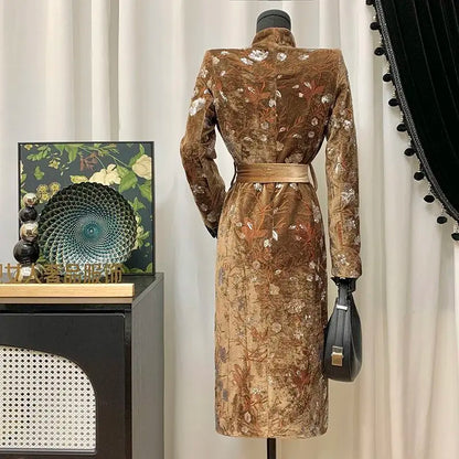 Women Spring Autumn New Heavyweight Sequined Embroidered Jacquard Coat Brown Velvet Stand-Collar Slim Fit Trench Coat Top