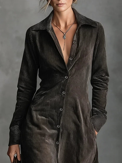Womens Corduroy Dress Retro High Street Style Turndown Collar Single Breasted Long Sleeve Slim Fit with Pockets Autumn