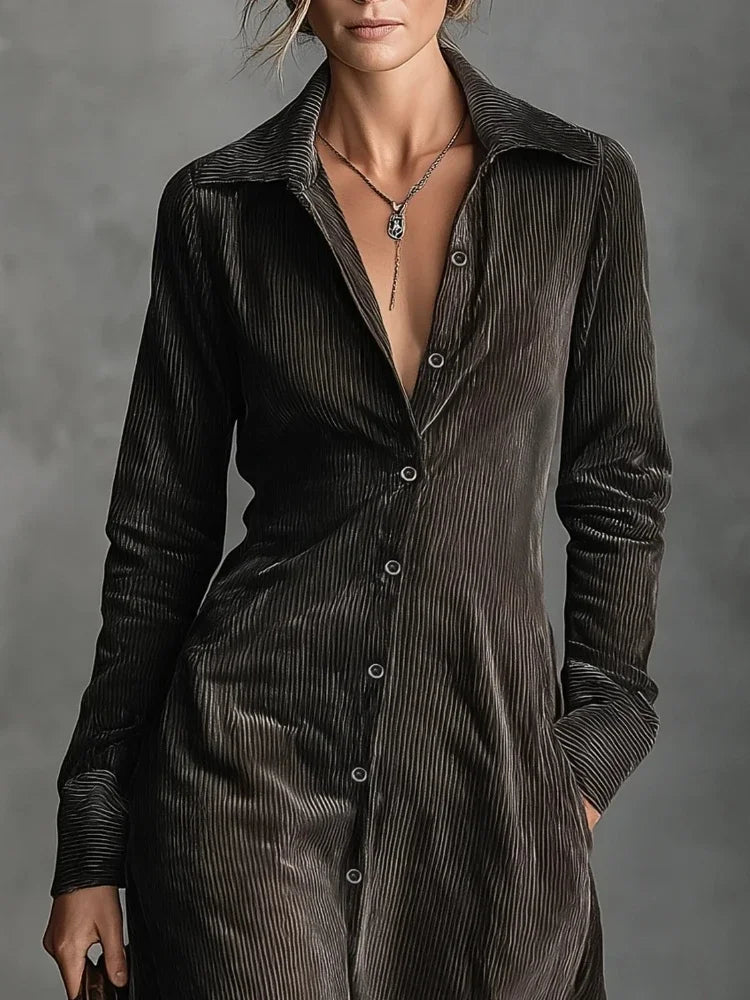 Womens Corduroy Dress Retro High Street Style Turndown Collar Single Breasted Long Sleeve Slim Fit with Pockets Autumn