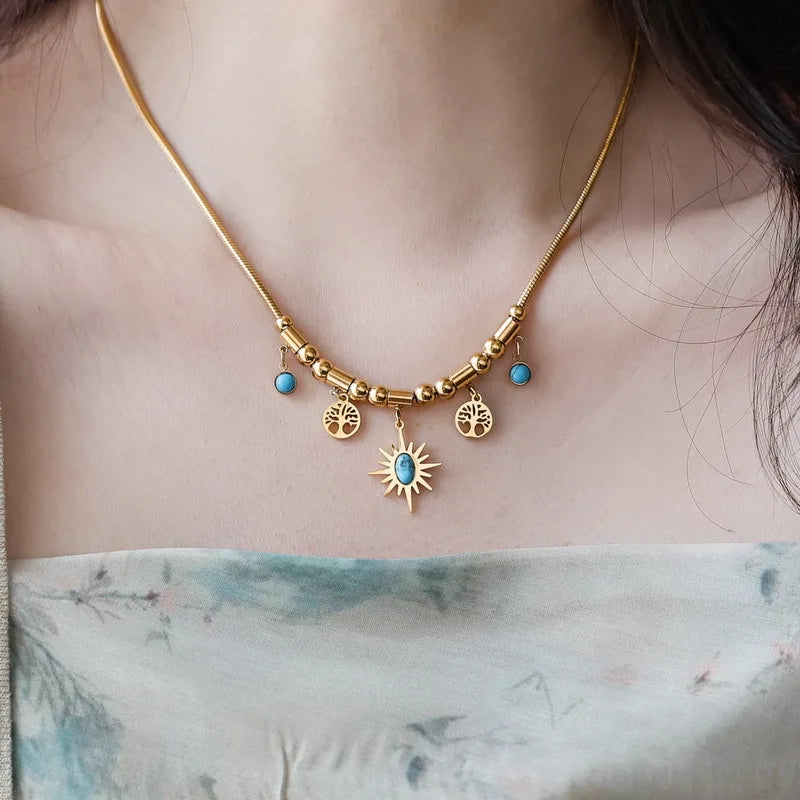 Ethnic Stainless Steel Bracelet Necklace Set for Woman Green Stone Pendant Necklace Luxury Bridal Wedding Jewelry Accessories