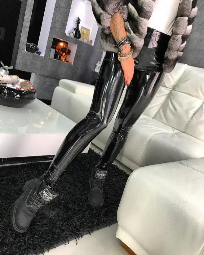 Women Sexy High Waist Leather Pants Flash PU Pencil Leggings Erotic Zip Trousers Lady Butt Lift Skinny Latex Panties