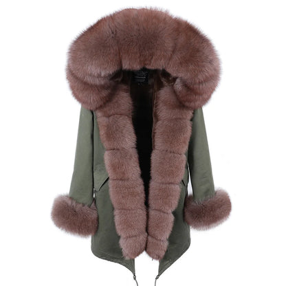 MAOMAOKONG 2024 Winter Women Coat Natural Fox Fur Collar Cuff Black Jackets Outwear Thick Luxury Real Fur Parka Women's Fur Coat