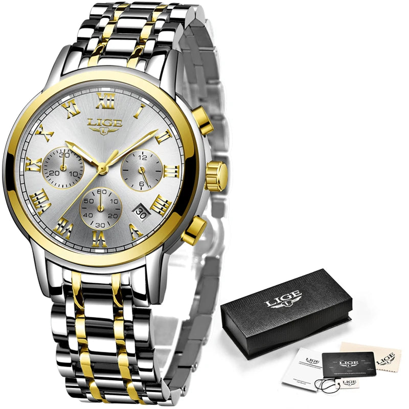 LIGE 2023 New Gold Watch Women Watches Ladies 30M Waterproof Steel Women's Bracelet Watches Female Clock Relogio Feminino+BOX