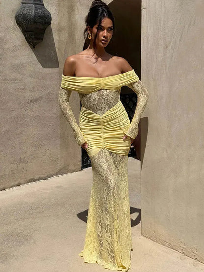 GACVGA Elegant Mesh Lace Patchwork Bodycon Maxi Dress for Women Summer Sexy Off-Shoulder Sheer Party Club Evening Long Dress