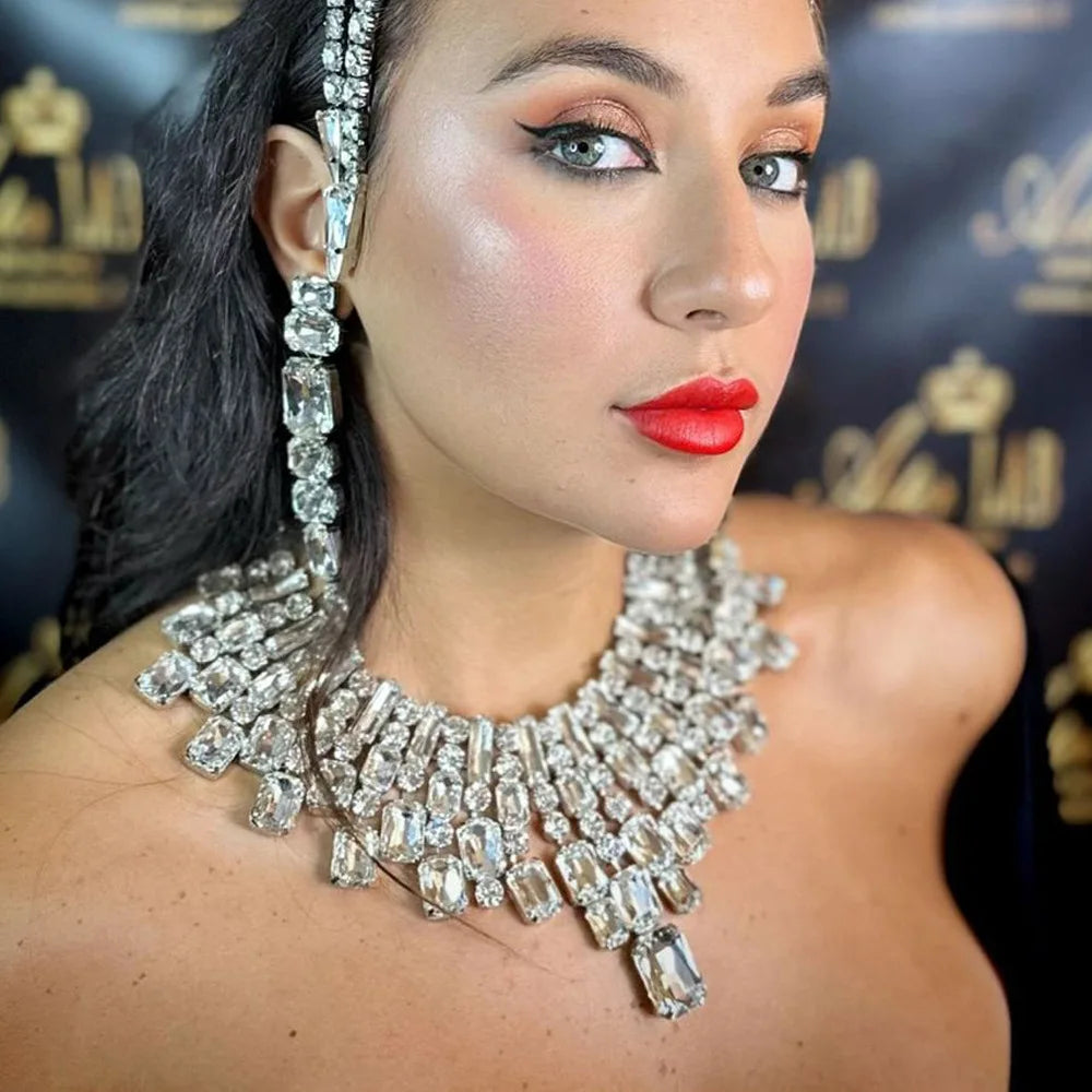 Stonefans Large Geometric Necklace Chain Adjustable Drag Queen Jewelry Bling Inlaid Statement Rhinestone Collar Choker Athestic