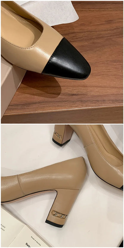 MKKHOU Fashion Shoes New High Quality Genuine Leather Shoes Color blocked Round Head Shallow Mouth High Heels Women's Shoes - Kimlud