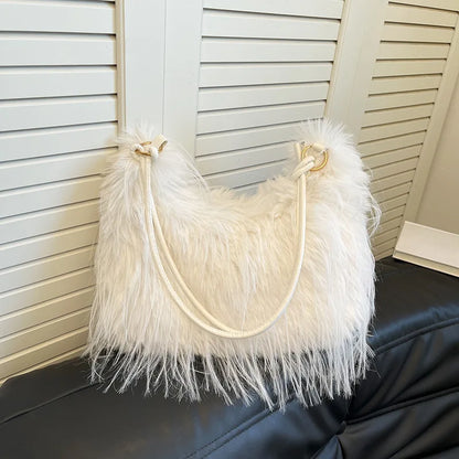 Trendy Large Capacity Plush Tote Bag Women's Crossbody Commuter Armpit Bag Street Style Fashion Soft Synthetic Leather Interior