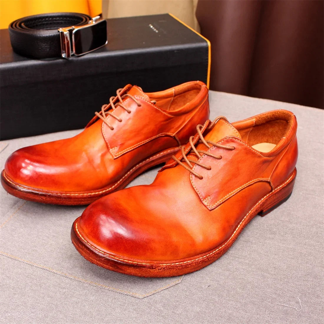 Men's Handmade Goodyear Sewn Derby Formal Shoes Soft Genuine Leather round Toe Comfortable Non-Slip Casual Shoes