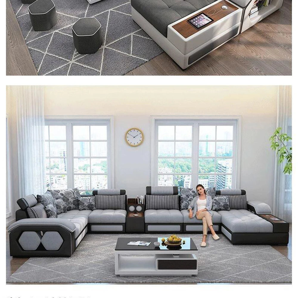 Linlamlim U-Shaped Sectional Fabric Sofa Set - Modern Living Room Furniture with Storage, Built-in Side Table, USB, and...