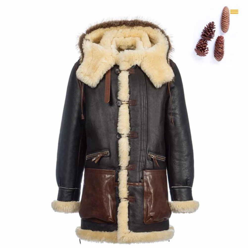 Denny&Dora Men's Shearling Jacket Hood Thick Warm Winter Sheepskin Coat Dark Brown Leather Jacket