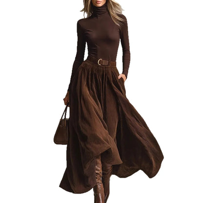 2026 Women's Fashion Retro Corduroy Skirt Spring and Autumn High Waist Flared Umbrella Skirt + Solid Color Base Shirt Top