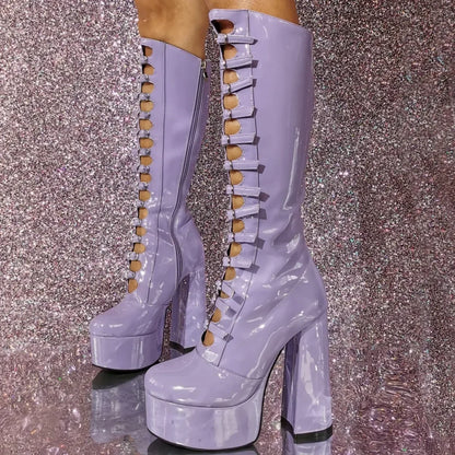 European and American High-heeled Sexy Belt Buckle Knee High Mary Jane Boots Women's Fashionable Thick Soled Banquet Shoes - Kimlud