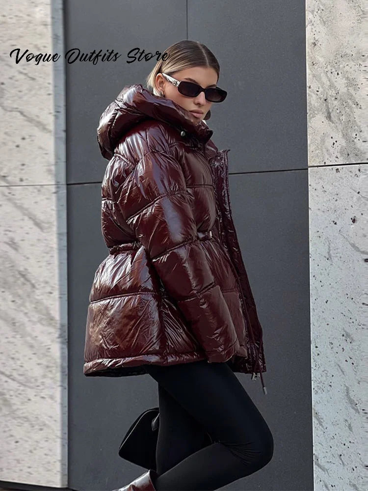 Casual Shiny Hooded Cotton Jackets Women Stand Collar Zipper Drawstring Waist Solid Coat 2025 Winter Lady Chic Warm Outwears New
