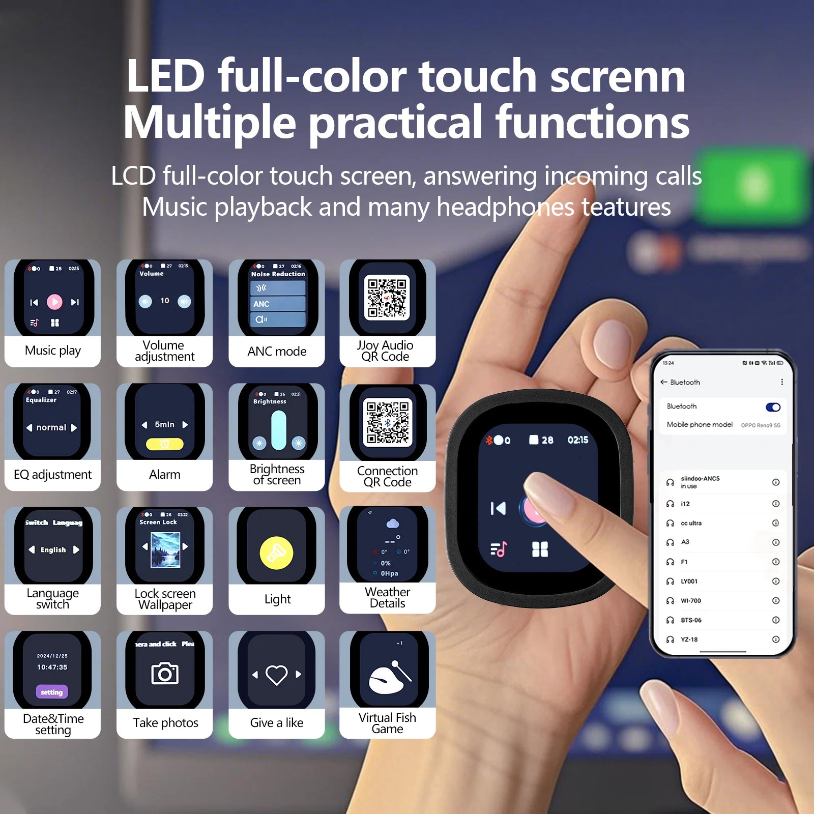 Siindoo JH-ANC930Plus Active Noise Cancelling Headphones, Hybrid Wireless Headphone With Multi Magnetic Touch Control LED Screen