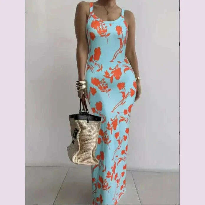 2025 Women s Sleeveless Strap O neck Sexy Belt Colorful Printed Long Skirt Evening Dress Y2k Sleeveless Solid Color Tight Fit