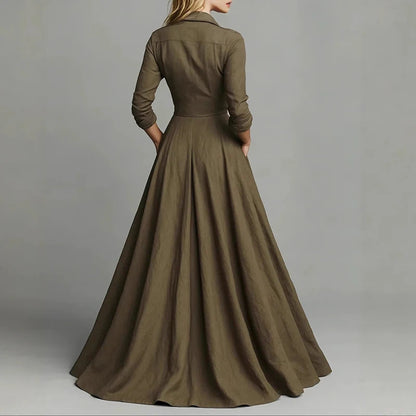 Casual Turn-down Collar Button Maxi Dress Woman Elegant Solid High Waist Swing Long Dresses Autumn Long Sleeve Pocket Boho Dress - Kimlud