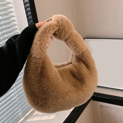 Solid Color Plush Dumpling Bag Simple Style Niche Design Faux Fur Handbag Tote Small Women's Underarm Hobo Bag