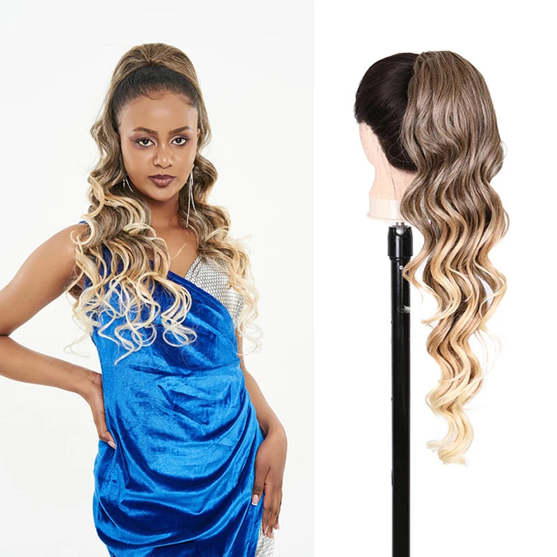 Julianna Synthetic Kanekalon Black Drawstring Water Wave Ponytail Extension Female Curly Wavy Clip In Ponytail Hair Extension