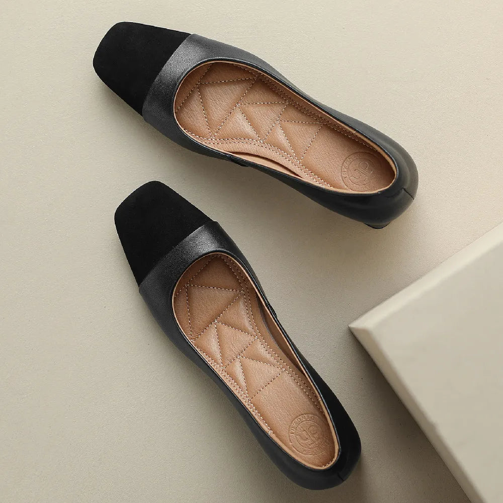 danxuefei plus size 34-42 women's genuine leather square toe slip-on pumps OL style elegant ladies 5cm thick low heel shoes sale - Kimlud