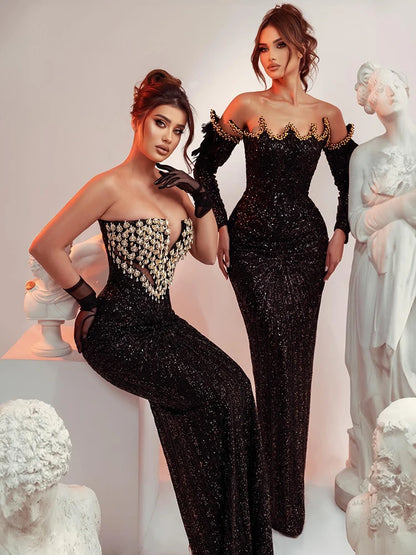 VC Black Strapless Diamonds Pearl Mermaid Long Dress Deep V Plunge Bodycon Elegant Party Evening Gowns Vestidos with Gloves