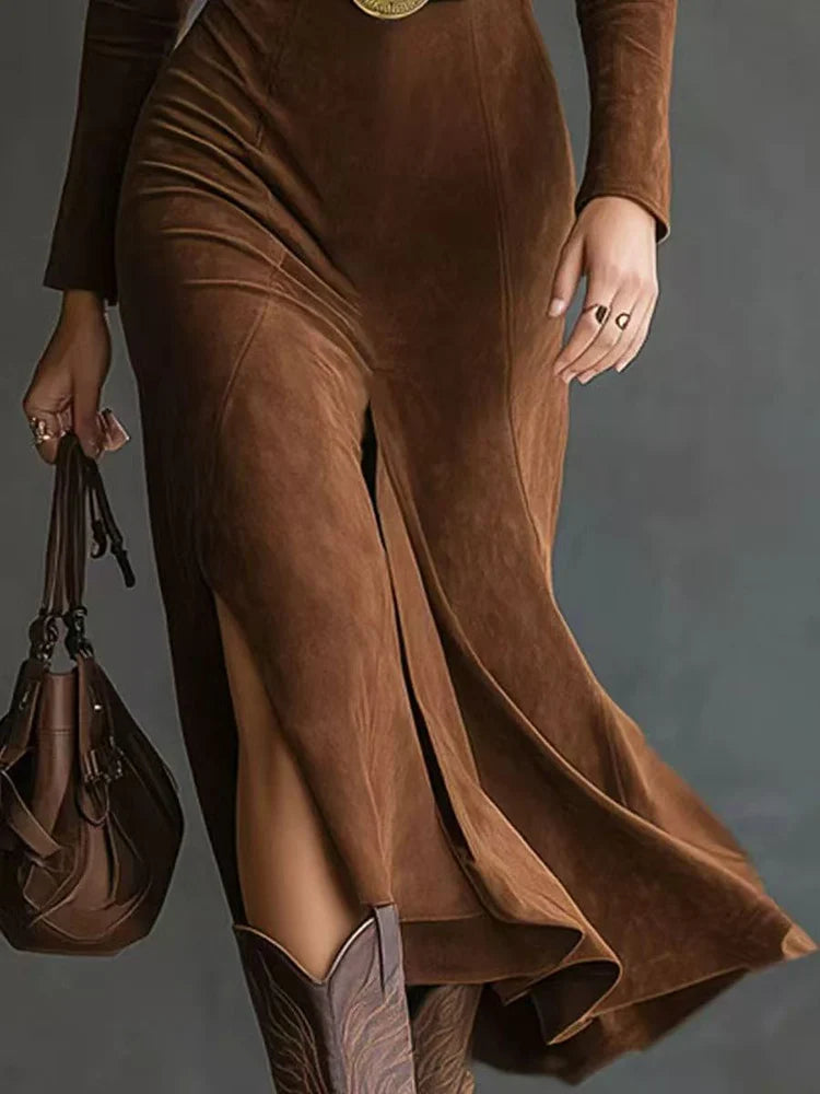 Imitation Suede Vintage Women‘s Elegant Midi Dress Lapel Long Sleeve Bodycon Dress High Street With Belt Autumn Fashion Vestido