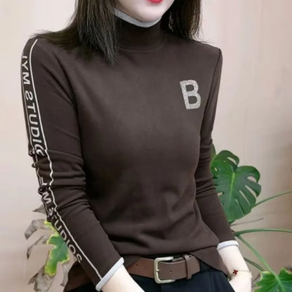 Women Winter Half High Neck Pullover Derong Bottom Shirt Fashion Design Hot Drills Letter Fleece Warm Versatile Long Sleeve Tops