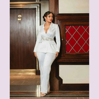 Plus Size Women Pants Suits Slim Fit Lady Customized Pearls Beading Blazer With Belt Prom Evening Party Blazer 2 Pieces