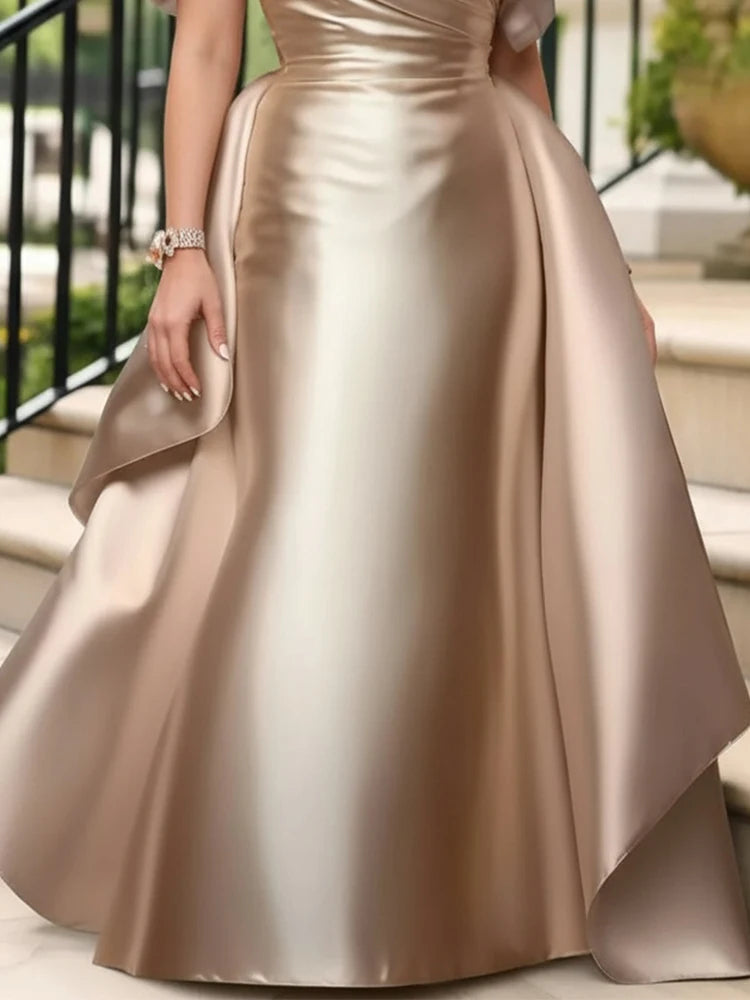 Off Shoulder Puff Sleeve Plus Size Satin Evening Dress for Women's Solid Elegant Cocktail Wedding Guest Maxi Dresses